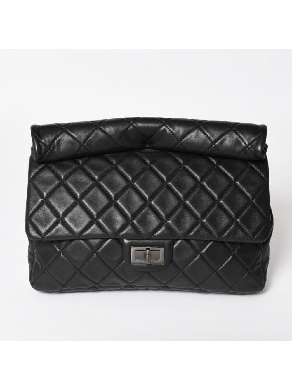 Chanel 2.55 Roll Clutch CC Logo Lambskin Black Ruthenium